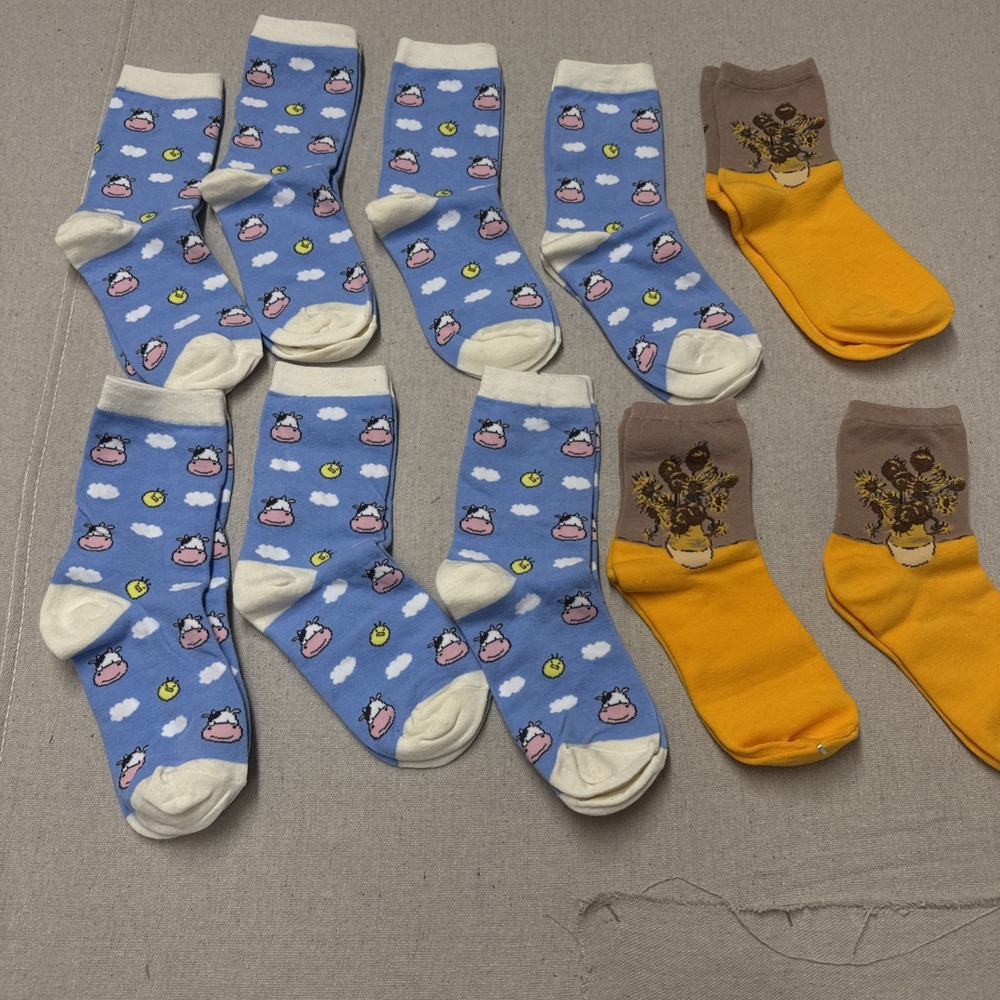 Different Touch Crew Socks Cow Print Sunflower Novelty Blue Yellow OS Like New
